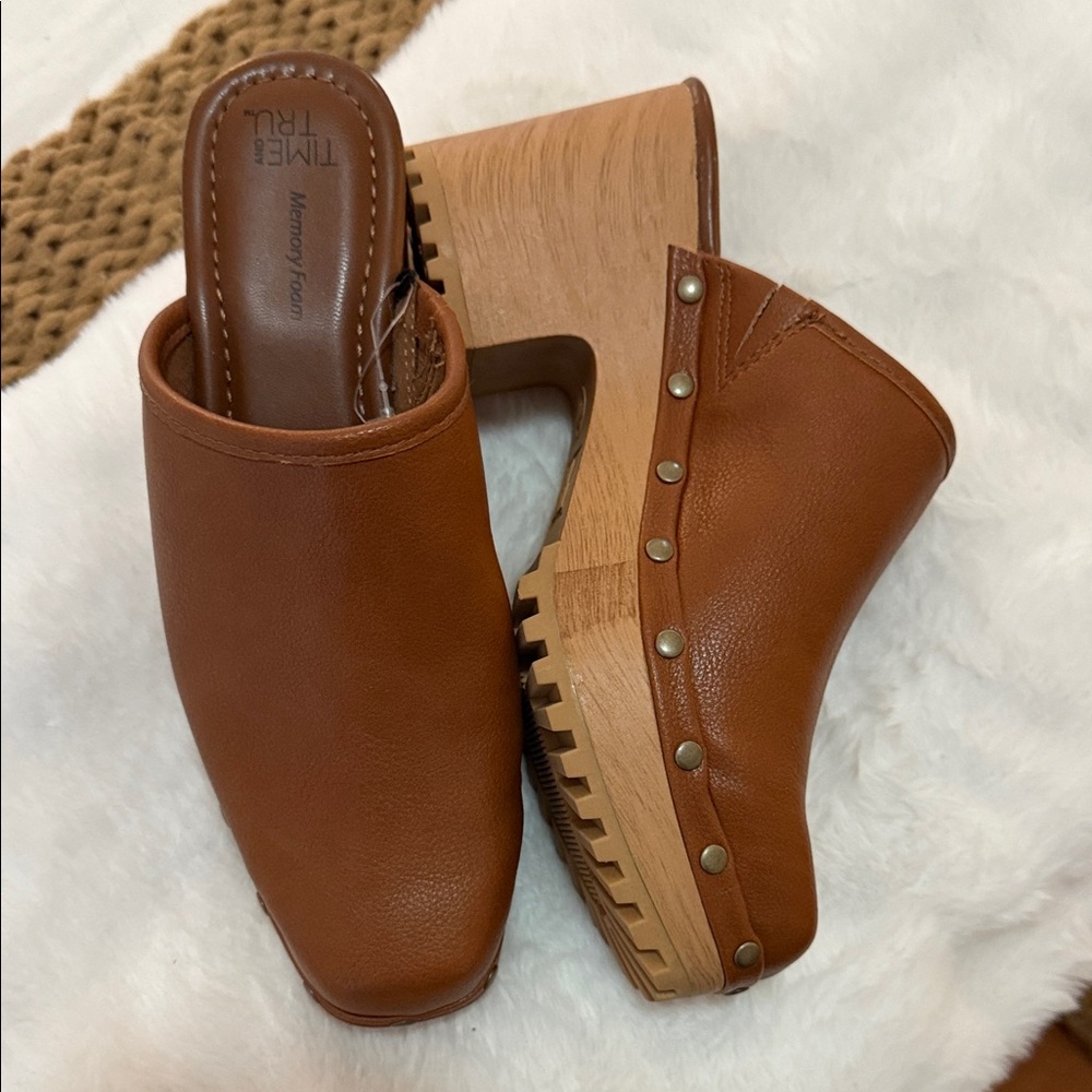 Time and Tru Women's Tan Leather Mules with Studs